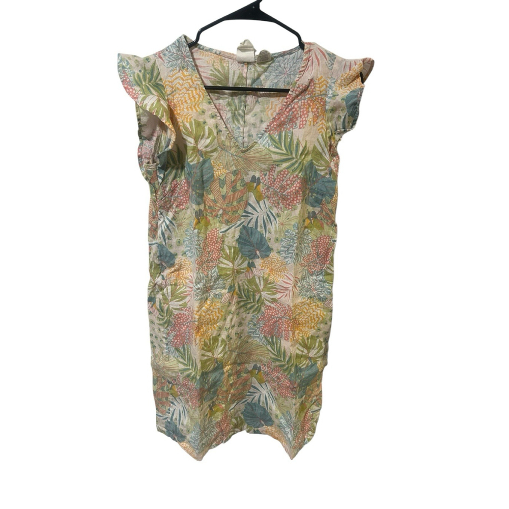 C&C California Dress XS 100% Linen Cream‎ Mute Floral Mini Shift 017